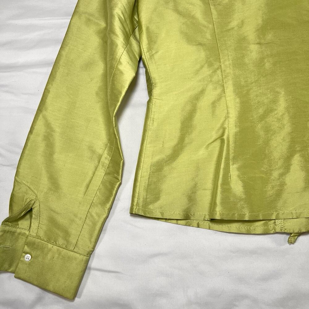 J. McLaughlin 100% Silk Shirt Size 4 Green Ruffle Neck Front Button Long Sleeve - Picture 9 of 12